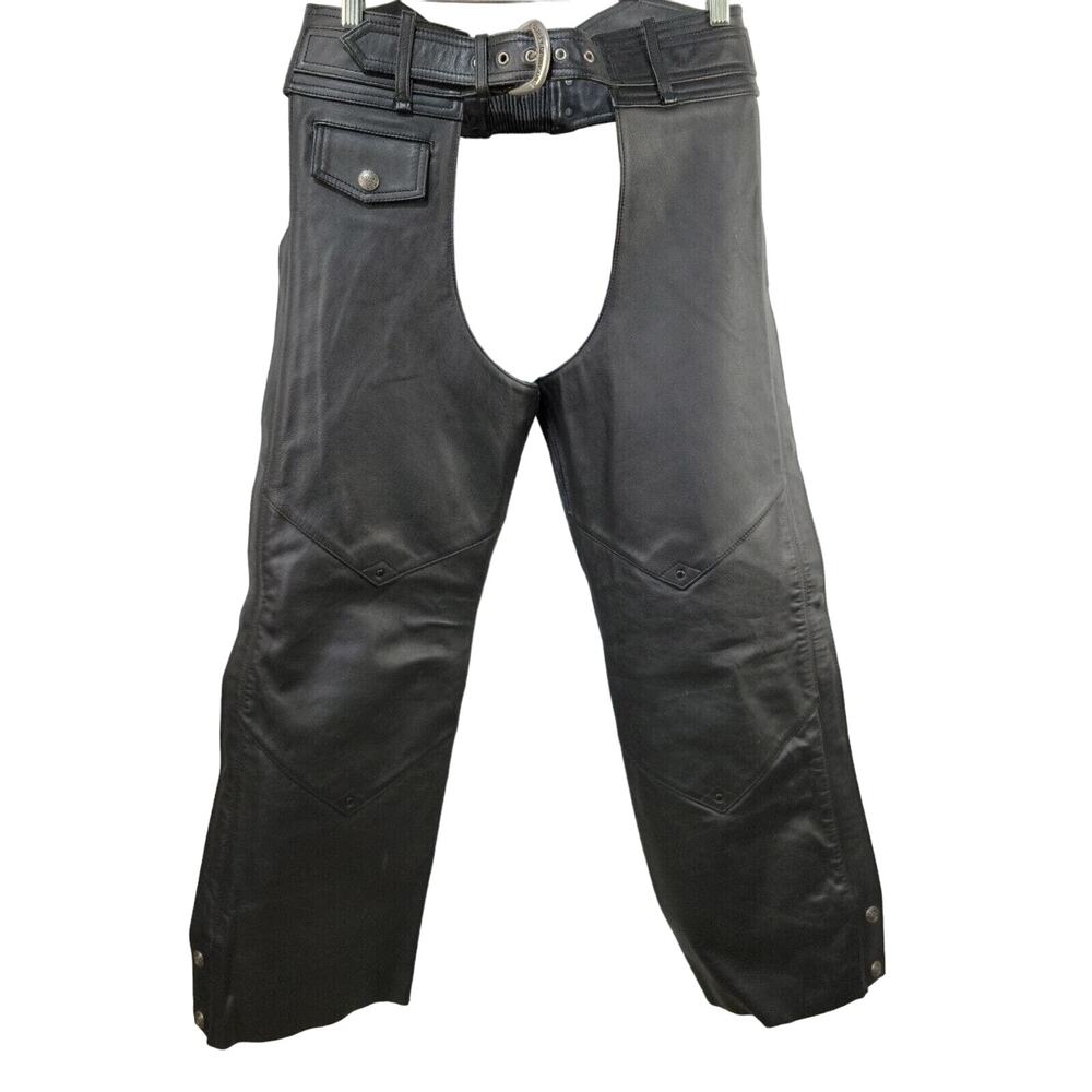 Harley Davidson Women's Black Leather Chaps Side Zipper Large 35 x 39" Altered